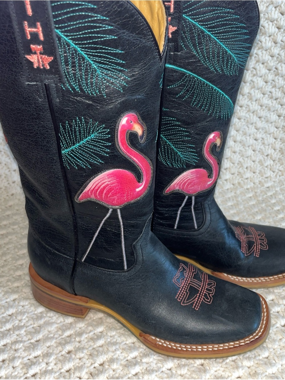 Tin Haul Black Leather Heeled Boots with Pink Flamingo and Teal Leaf Embroidery